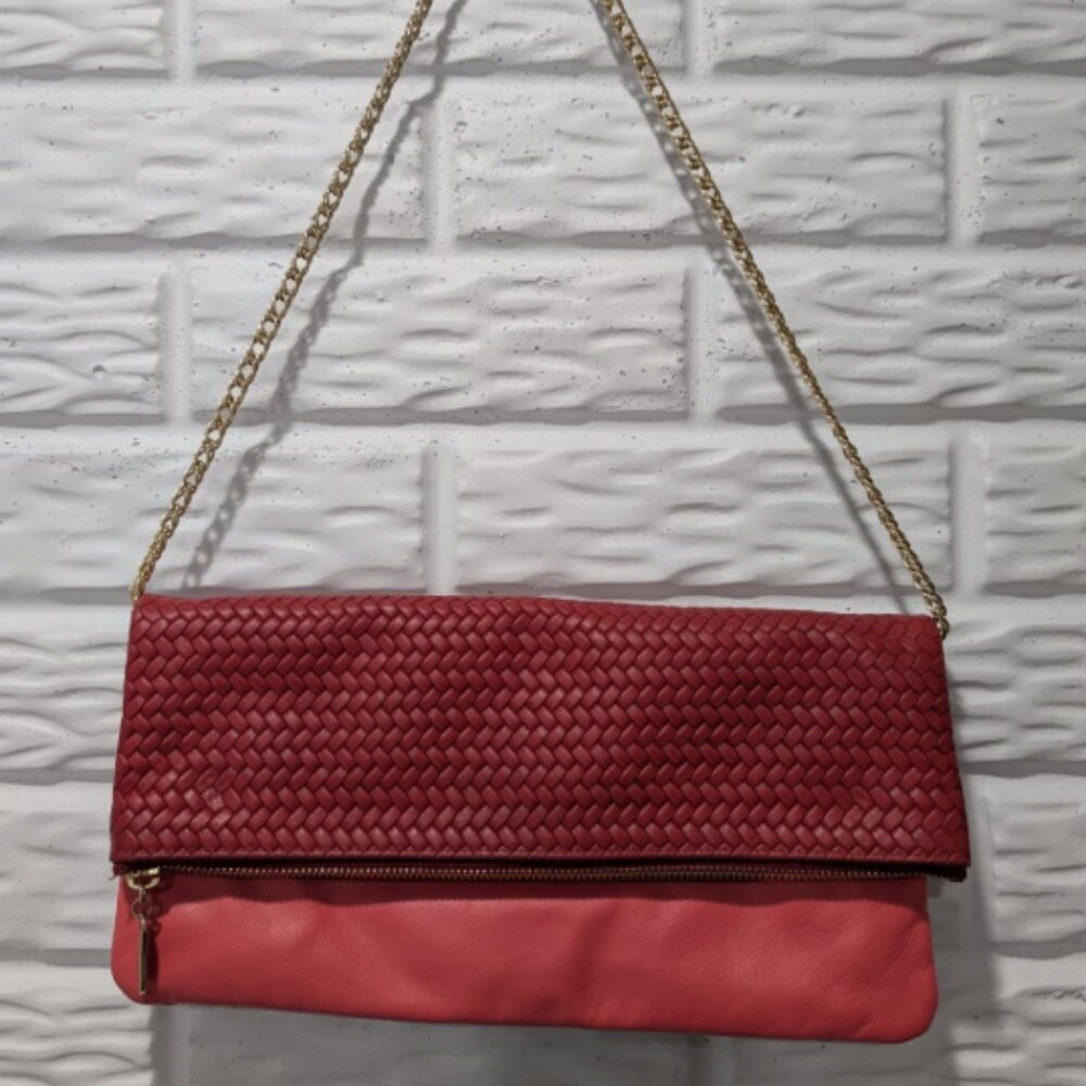 Laudi Vidni Fold Over Dolce Clutch Woven Leather Pink Coral w/ Gold Chain
